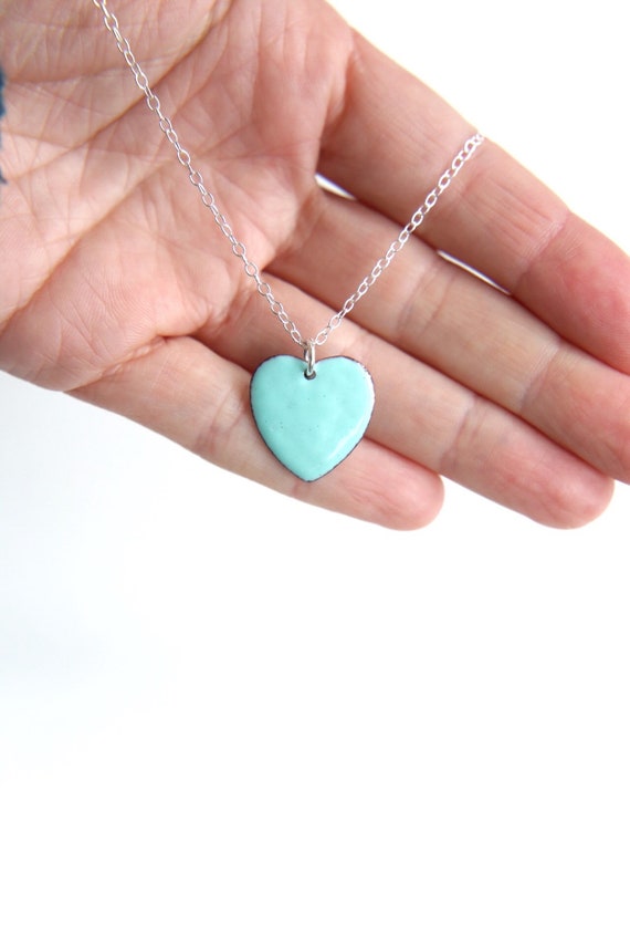 Turquoise Heart Necklace Enamel With 925 Silver Chain Etsy