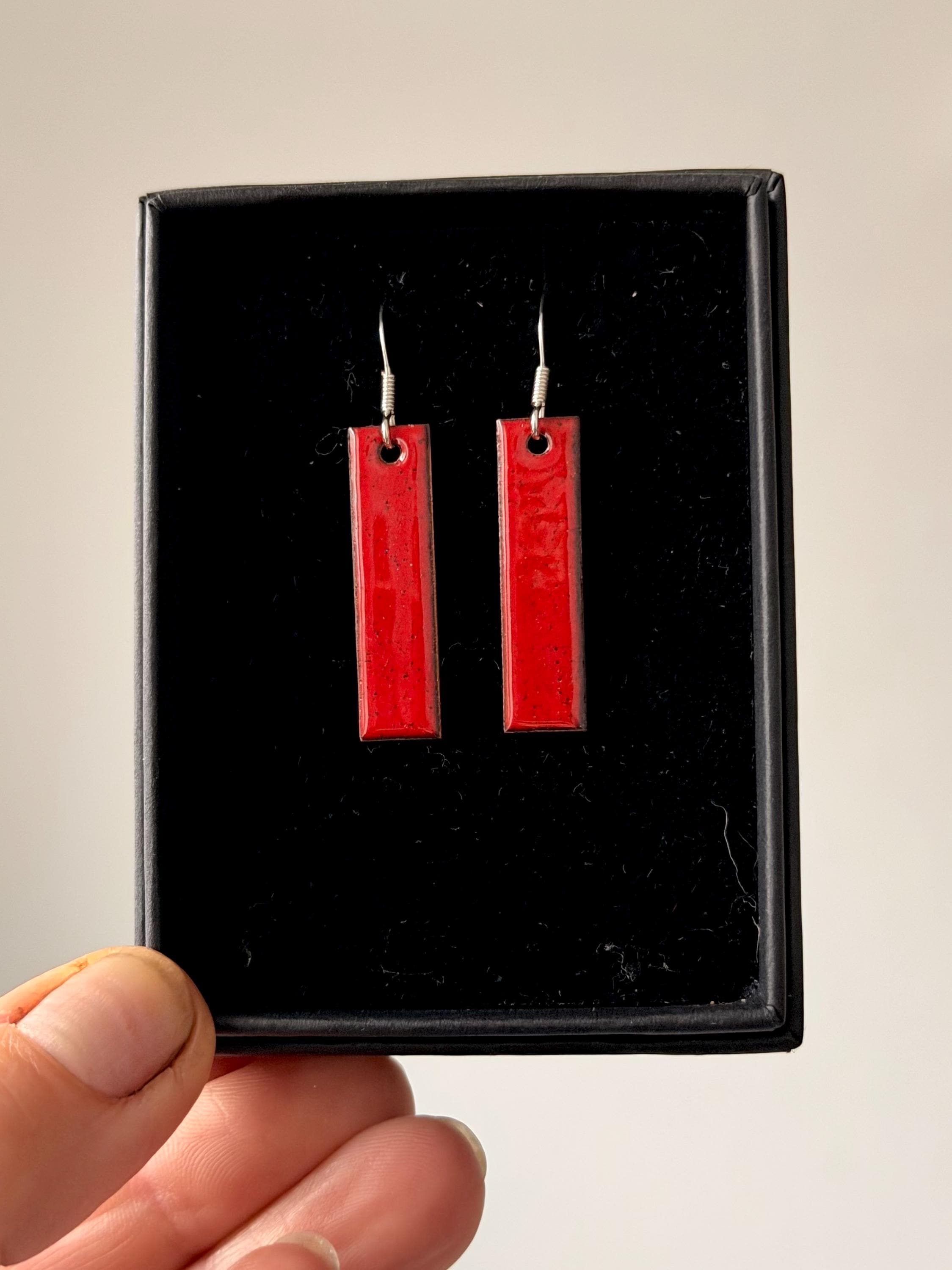 Rectangular Red Earrings Bright Flame Red Enamel Rectangle Earrings, Geometric Jewellery ...