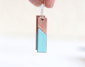 Turquoise Copper Earrings half and half in a rectangular shape, geometric enamel earrings, copper jewellery design