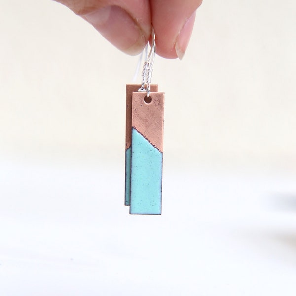 Turquoise Copper Earrings half and half in a rectangular shape, geometric enamel earrings, copper jewellery design