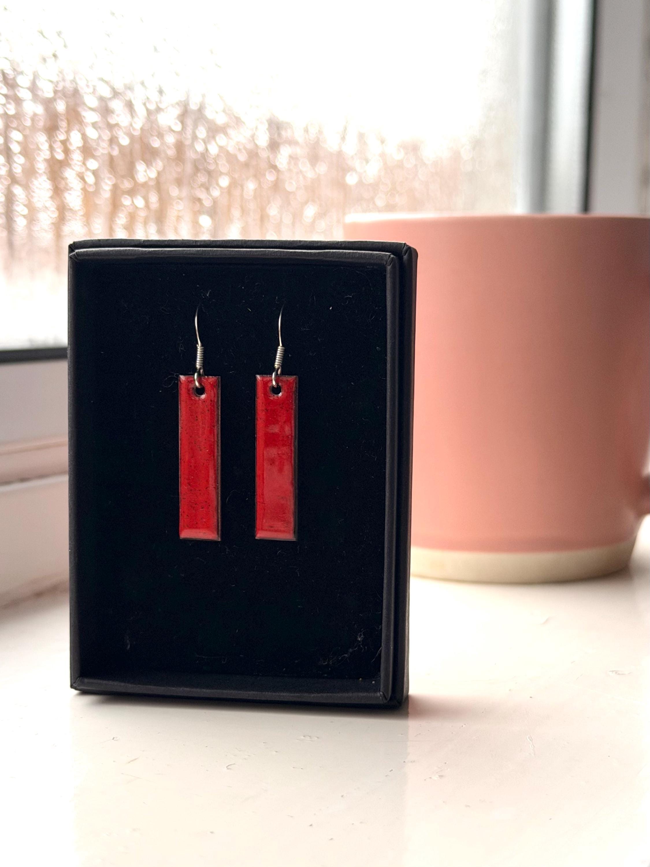 Rectangular Red Earrings Bright Flame Red Enamel Rectangle Earrings, Geometric Jewellery ...