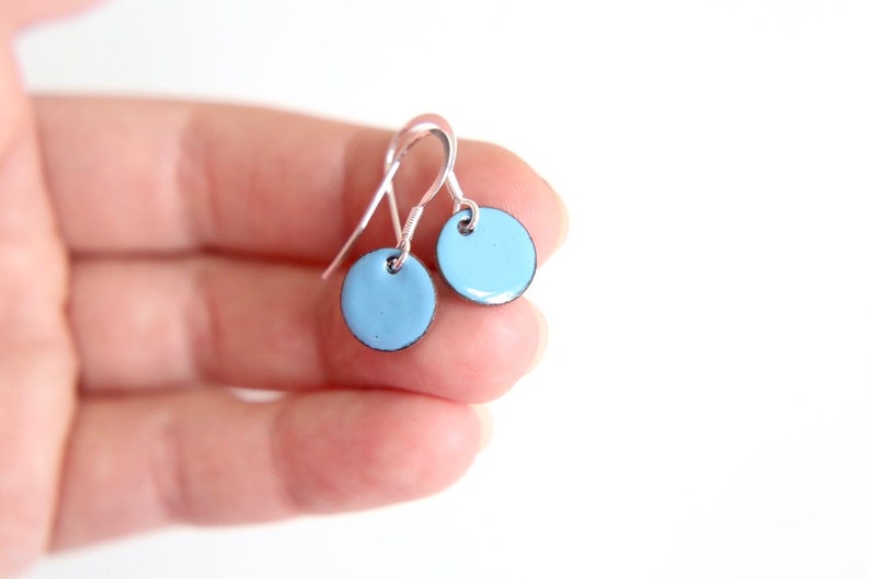 Sky Blue enamel earrings & sterling silver wires, iamrachel enamel little round baby blue jewelry gift image 3