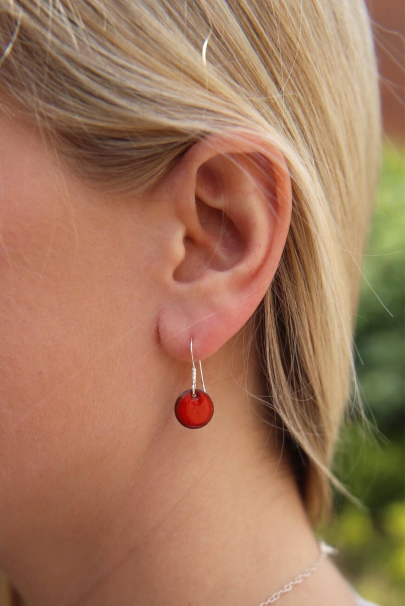 Bright orange earrings, Little round enamel earrings & sterling silver wires image 4