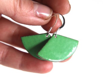 Green Enamel Fan Earrings: Sterling Silver Hooks, Handmade