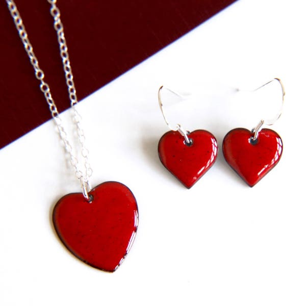 Romantic Jewelry Hearts Set in Bright Red Enamel - Beautiful red love heart anniversary / valentines gift set