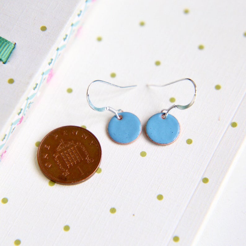 Sky Blue enamel earrings & sterling silver wires, iamrachel enamel little round baby blue jewelry gift image 2