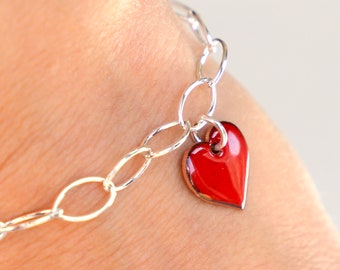 Red Heart Bracelet Enamel with sterling silver chunky links and small red love heart charm