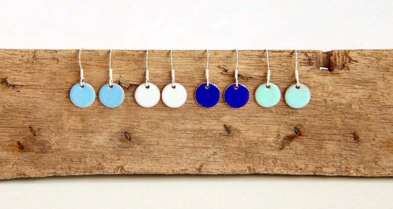Sky Blue enamel earrings & sterling silver wires, iamrachel enamel little round baby blue jewelry gift image 7