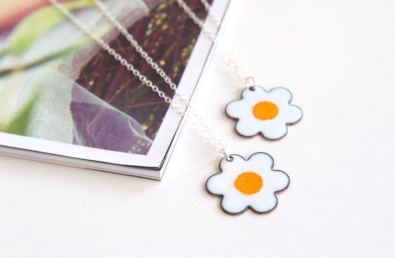 Daisy Necklace with silver chain, white & yellow flower pendant in enamel image 8