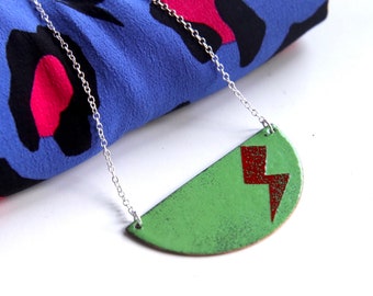 Lightening Bolt Pendant, Big green and red Enamel Statement Jewelry