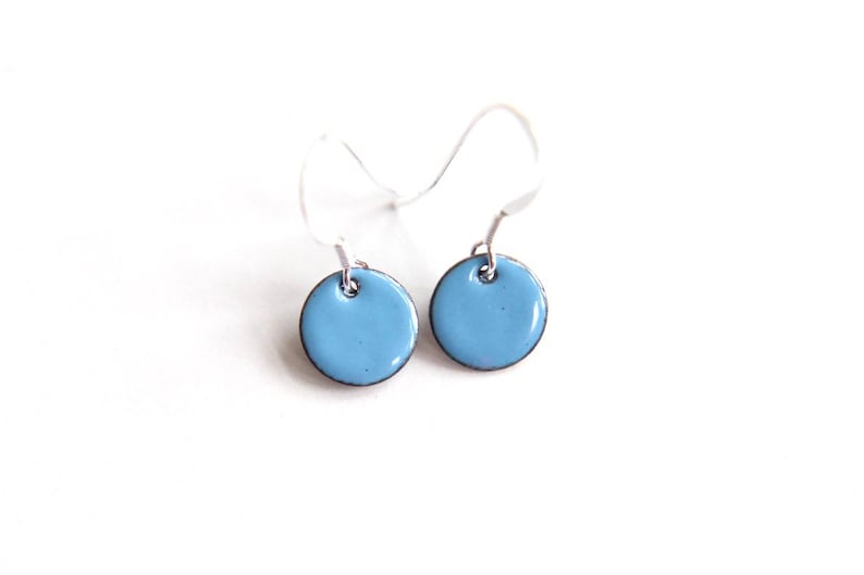 Sky Blue enamel earrings & sterling silver wires, iamrachel enamel little round baby blue jewelry gift image 5