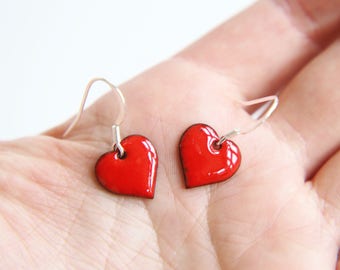 Red Heart Earrings, Bright Love Heart Earrings made with a glossy red enamel, Gift for Wife