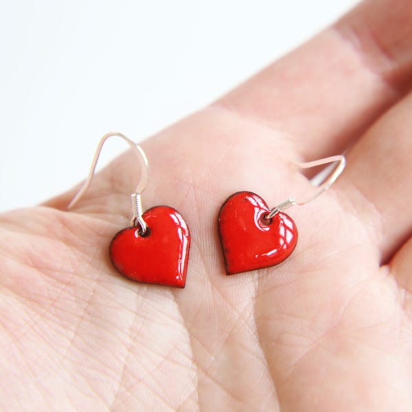 Red Heart Earrings, Bright Love Heart Earrings made with a glossy red enamel, Gift for Wife