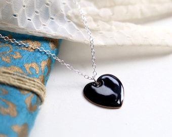 Black Heart Pendant, valentine love necklace in jet black vitreous enamel