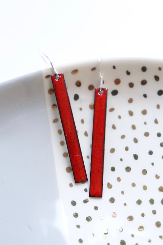 Long red drop earrings enamel on copper with sterling silver hooks