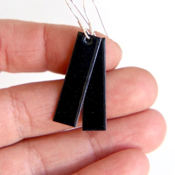 Black glossy dangle earrings made with hot enamel