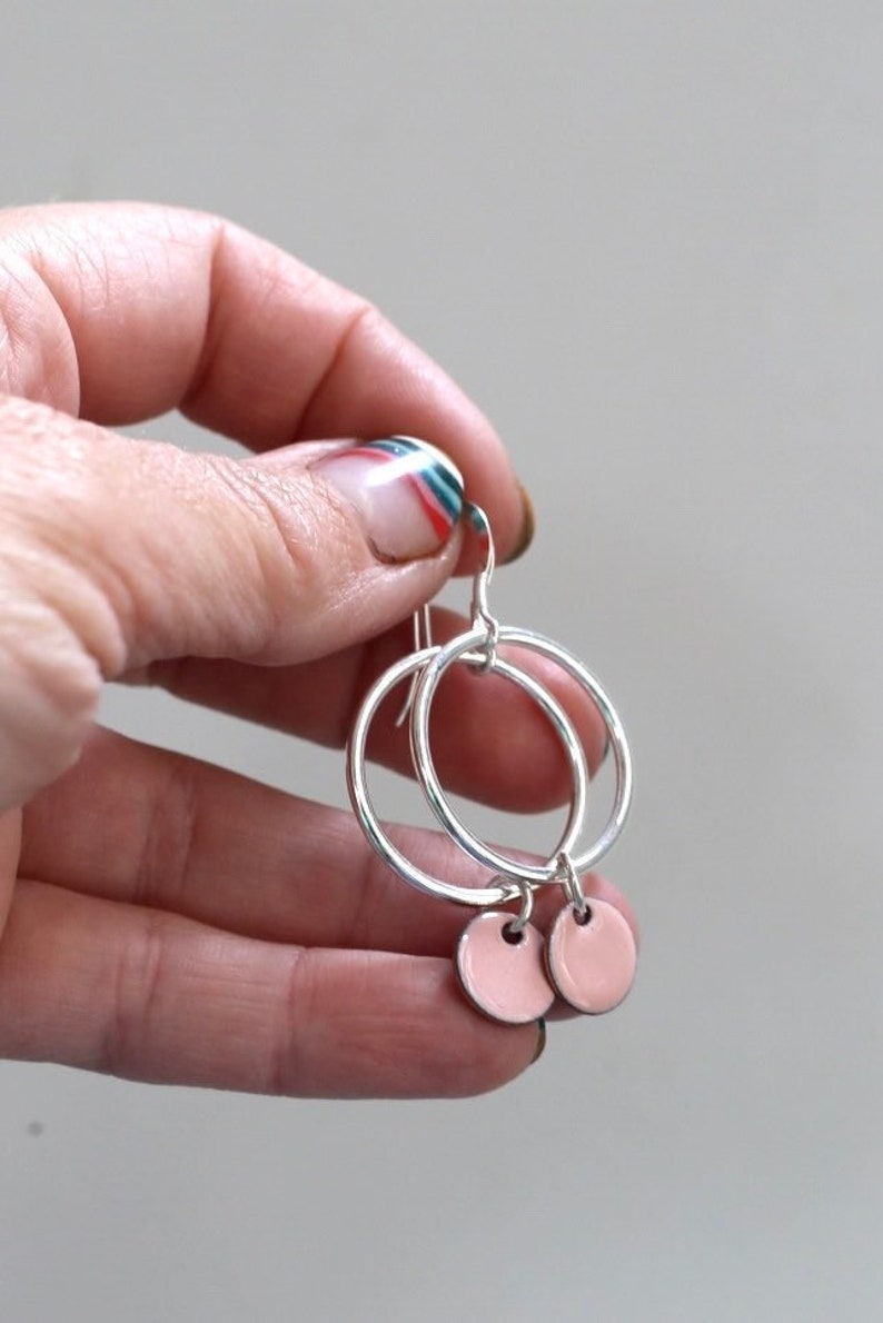 Big hoop earrings with enamel discs image 1