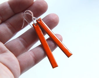 Long orange drop earrings bright orange enamel on copper with sterling silver hooks