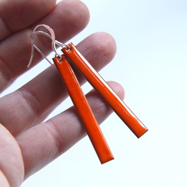 Long orange drop earrings bright orange enamel on copper with sterling silver hooks