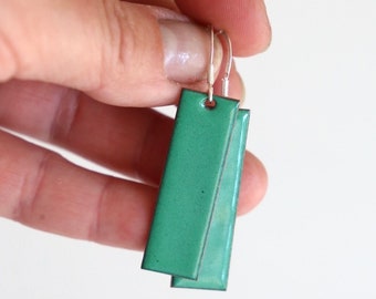 Large Green Earrings rectangles enamel with silver hooks