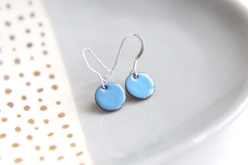 Sky Blue enamel earrings & sterling silver wires, iamrachel enamel little round baby blue jewelry gift image 1