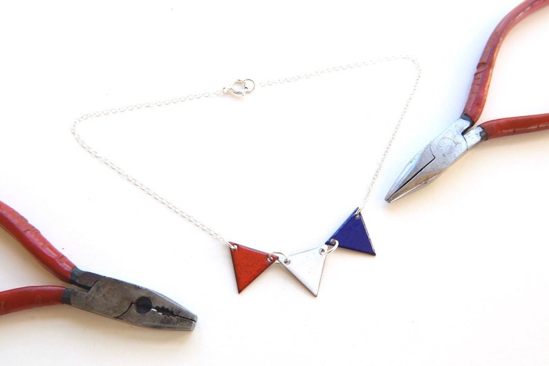 Union Jack Necklace, red white blue flag bunting pendant with tricolour triangles 