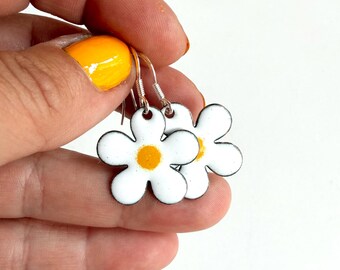 Big Daisy Earrings white and yellow enamel flowers