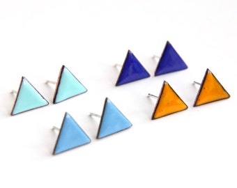 Stud Earrings Triangle shaped in a rainbow of pastel and bright enamel colours