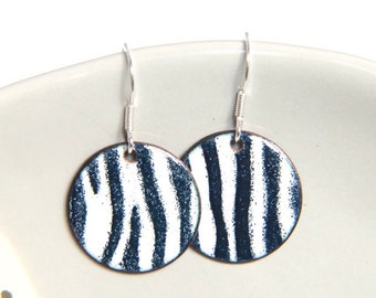 Zebra Print Earrings in black and white enamel, African safari inspired jewellery