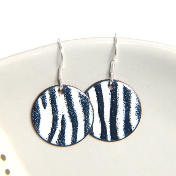 Zebra Print Earrings in black and white enamel, African safari inspired jewellery