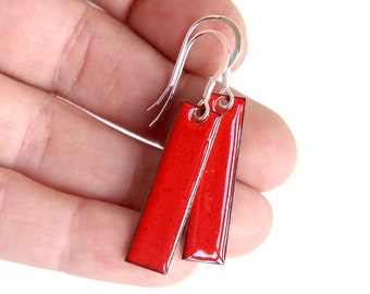 Bright Flame Red Enamel Rectangle earrings, geometric jewellery accessories