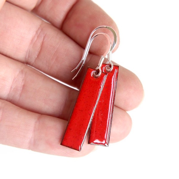 Bright Flame Red Enamel Rectangle earrings, geometric jewellery accessories