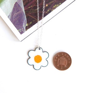 Daisy Necklace with silver chain, white & yellow flower pendant in enamel image 6