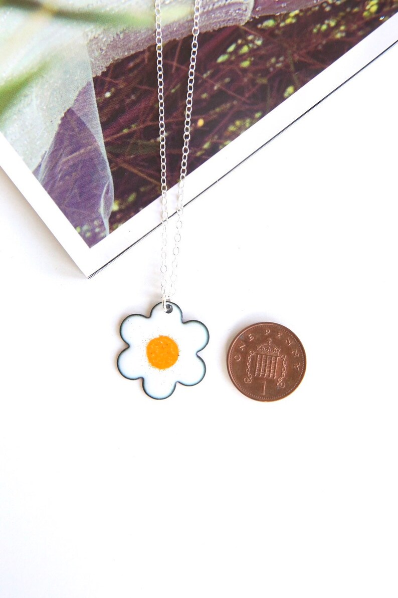 Daisy Necklace with silver chain, white & yellow flower pendant in enamel image 6