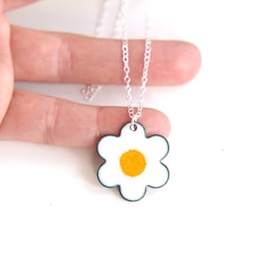 Daisy Necklace with silver chain, white & yellow flower pendant in enamel image 4