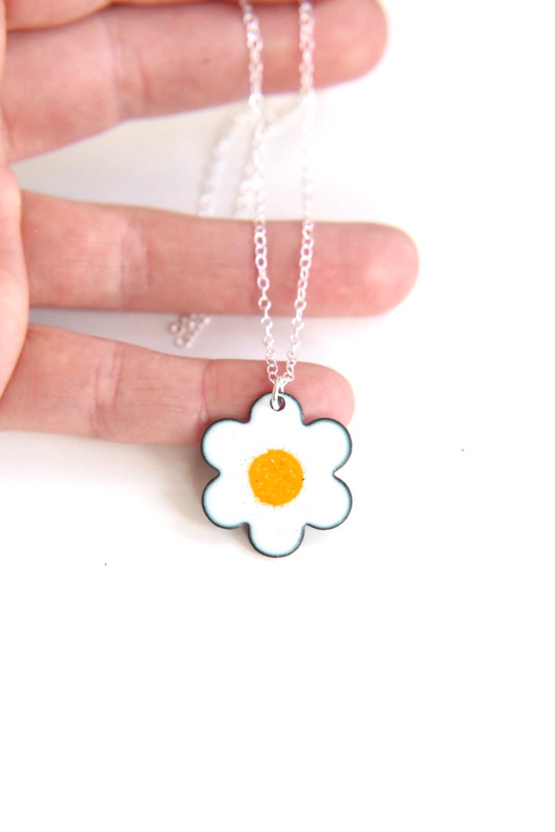 Daisy Necklace with silver chain, white & yellow flower pendant in enamel image 4