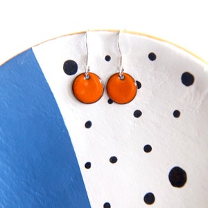 Bright orange earrings, Little round enamel earrings & sterling silver wires image 6