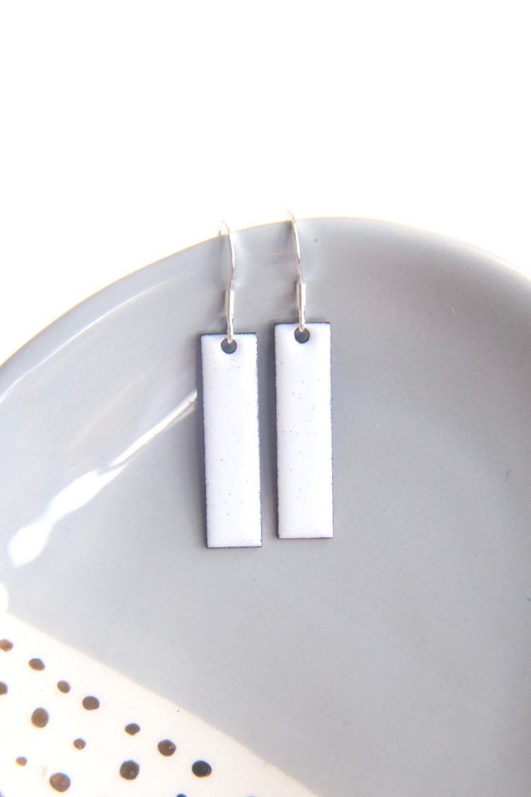 Pure White Rectangular Dangle Earrings in Enamel With 925 Silver Hooks ...