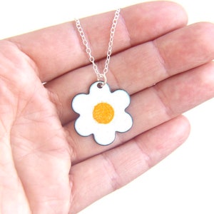 Daisy Necklace with silver chain, white & yellow flower pendant in enamel image 7