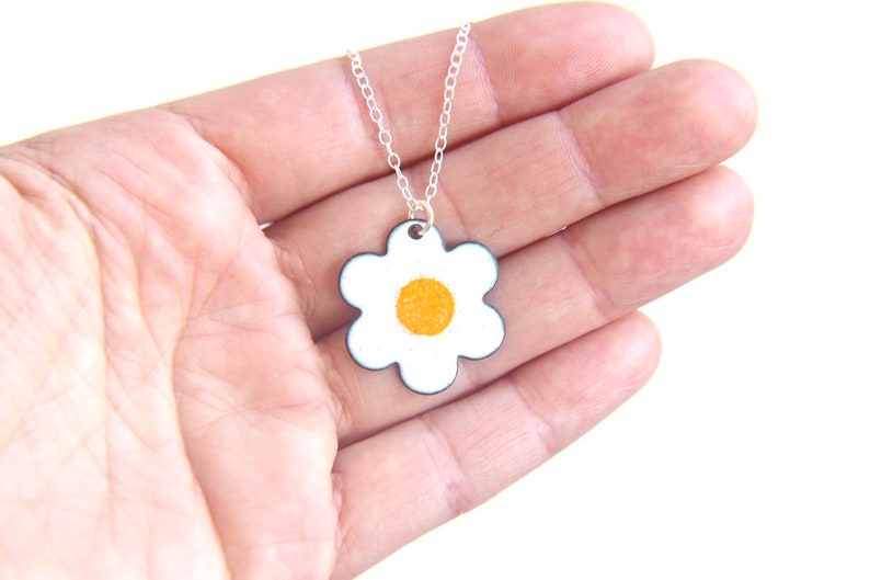 Daisy Necklace with silver chain, white & yellow flower pendant in enamel image 7