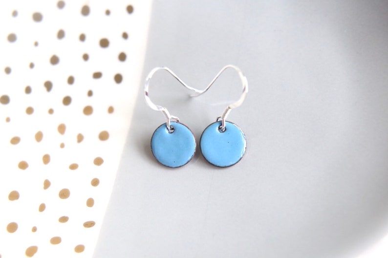Sky Blue enamel earrings & sterling silver wires, iamrachel enamel little round baby blue jewelry gift image 4