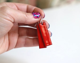 Large Red rectangle earrings enamel