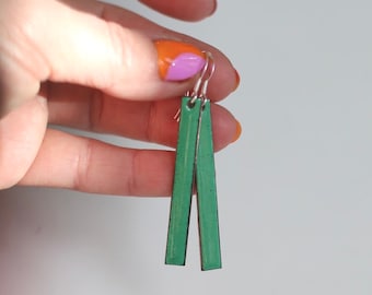 Long green earrings, enamel on mid green copper rectangles with sterling silver wires made by iamrachel