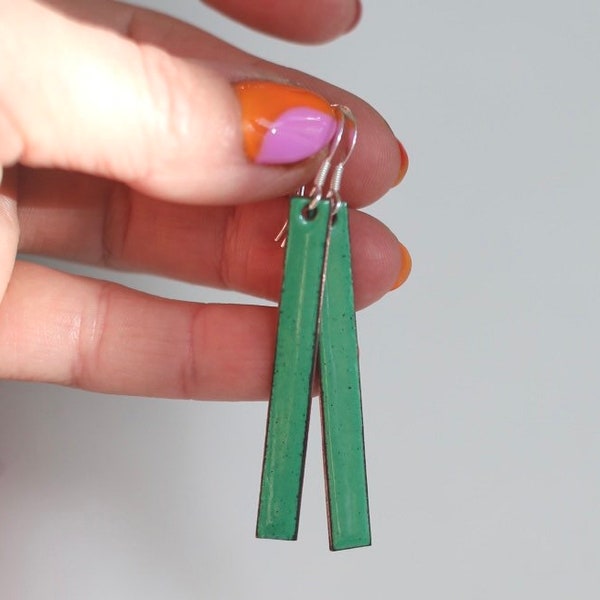 Long green earrings, enamel on mid green copper rectangles with sterling silver wires made by iamrachel