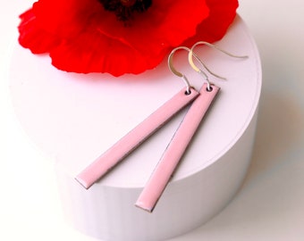 Long Pink Drop Earrings enamel on copper with sterling silver hooks