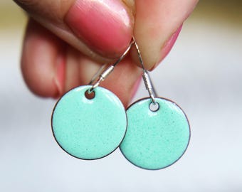 Mint Enamel Earrings, round with sterling silver hooks