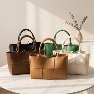Structured Woven Leather Tote Bag Women Shoulder Handbag Minimalist Work Everyday Office Purse