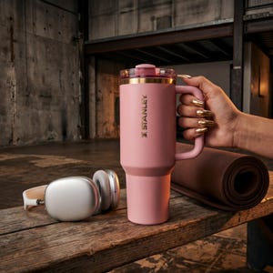 May include: A pink Stanley tumbler with a handle, gold accents, and the Stanley logo. The tumbler is on a wooden surface next to a pair of silver headphones and a rolled-up brown yoga mat.
