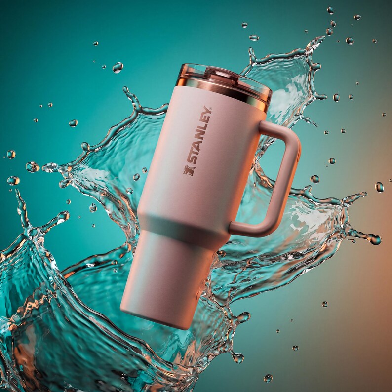 May include: A light pink Stanley tumbler with a handle and a lid, set against a backdrop of water splashing. The tumbler has the Stanley logo printed on the side. The background transitions from teal to orange.