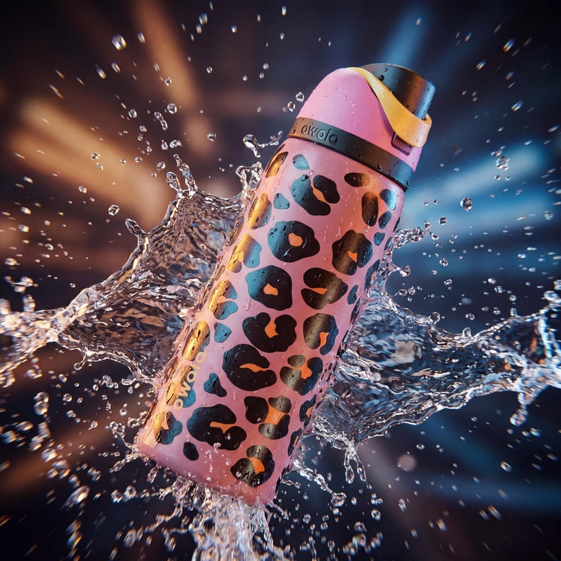 May include: A pink water bottle featuring a black and orange leopard print design, with water splashing around it. The bottle has a black lid and a yellow handle. The brand name "owala" is printed on the side.